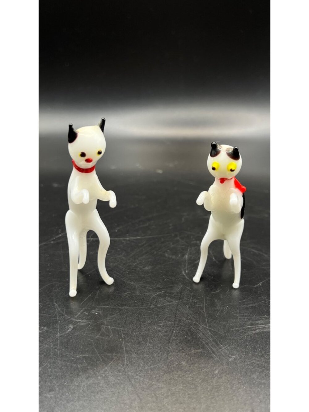 Handcrafted Glass Cat Figurines Red Scarves Set Of 2 Collectible Miniatures VTG